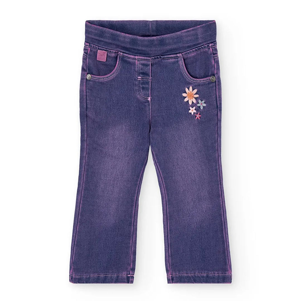 Pantaloni jeans a zampa fiori applicati viola