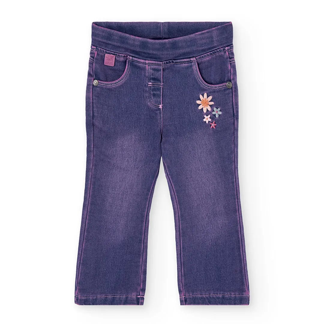 Pantaloni jeans a zampa fiori applicati viola