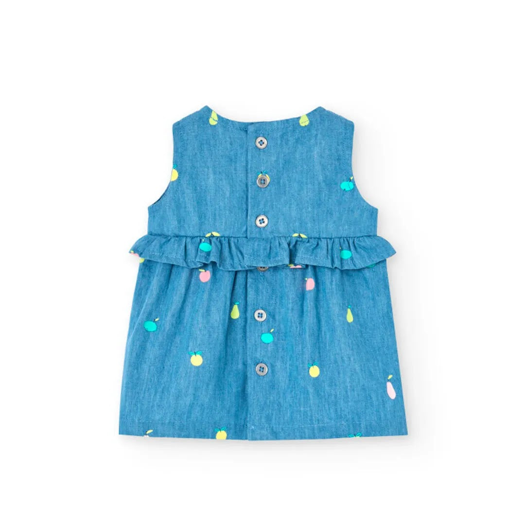 Vestito giromanica denim stampato con copri pannolino denim