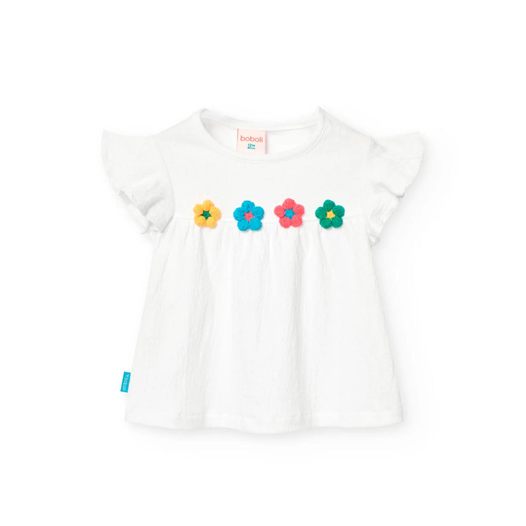 T-shirt giromanica con fiori 3D bianco