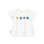 T-shirt giromanica con fiori 3D bianco