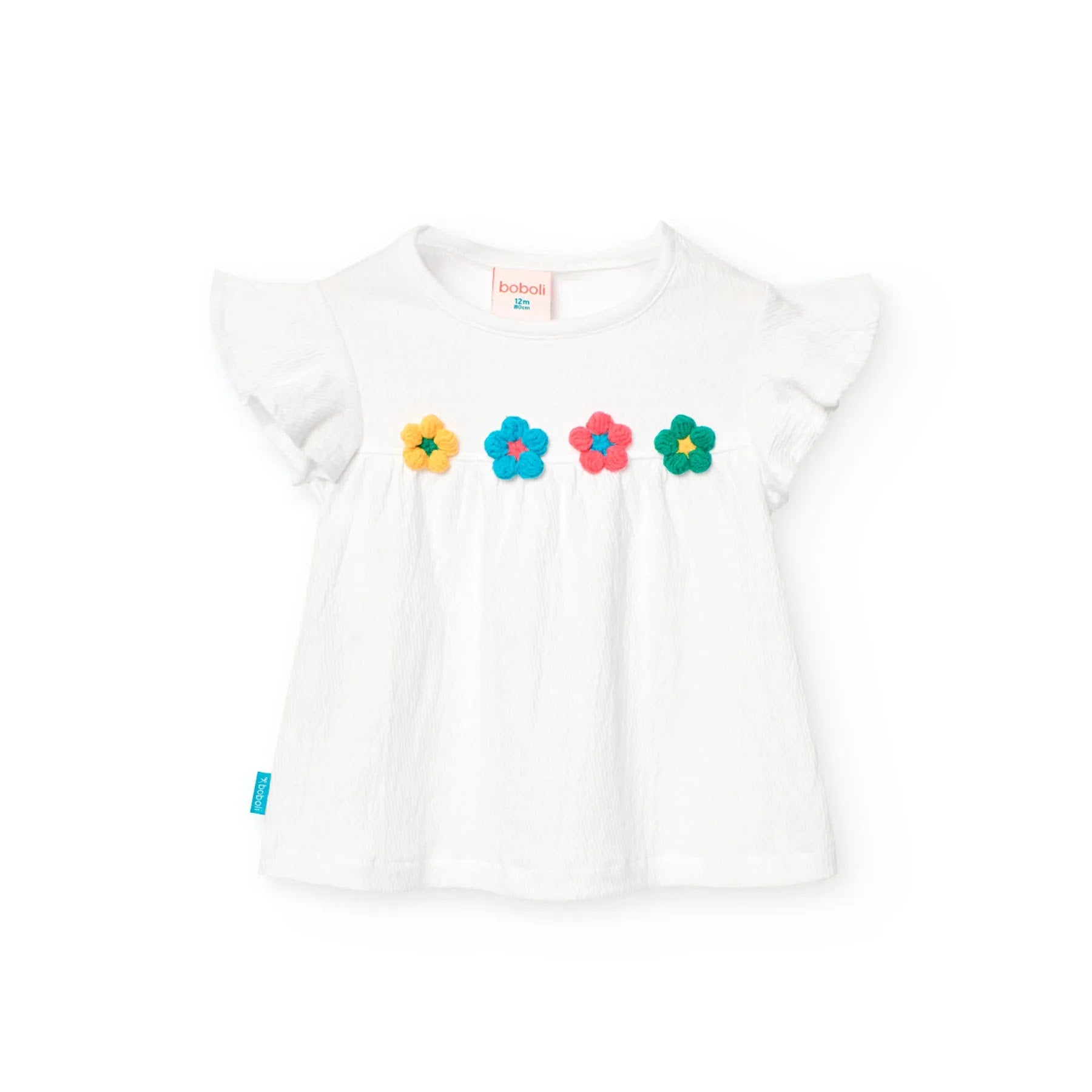 T-shirt giromanica con fiori 3D bianco