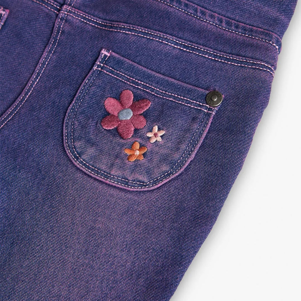Pantaloni jeans a zampa fiori applicati viola