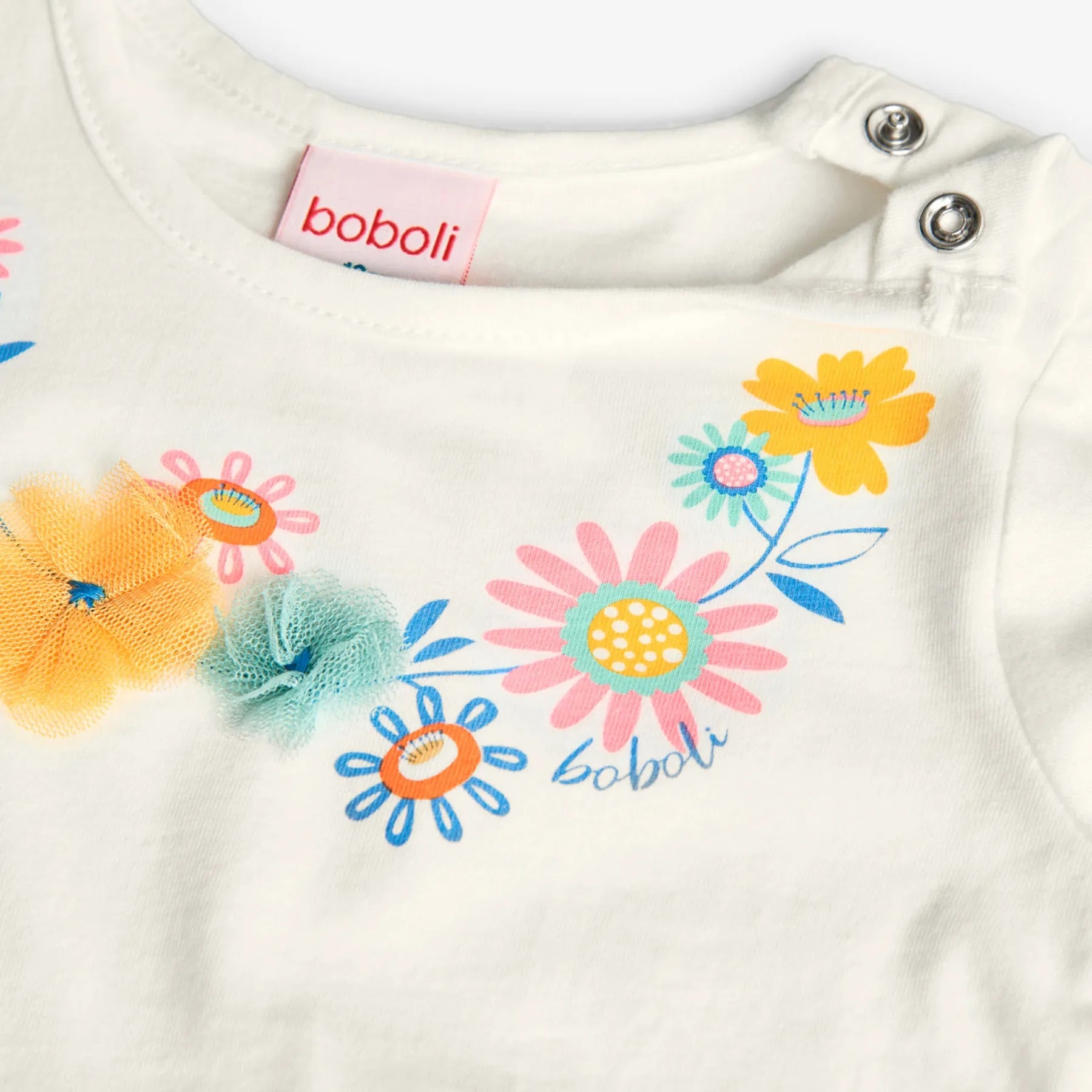 T-shirt manica lunga fiori e tulle bianco