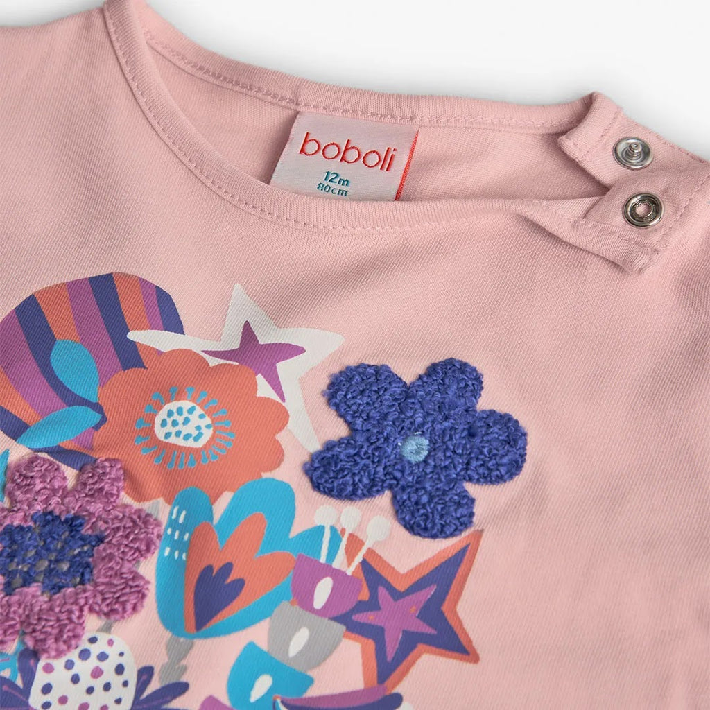 Maglietta manica lunga rosa con applicazioni 3D e fiori