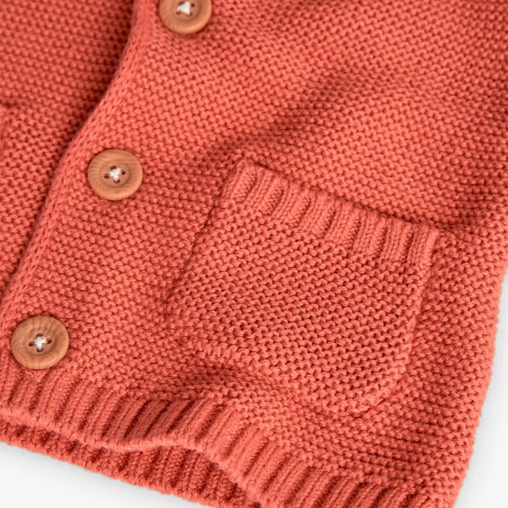 Cardigan tricot con cappuccio con orecchie 3D terracotta