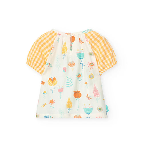 Blusa mezza manica vichy e stampa quadri