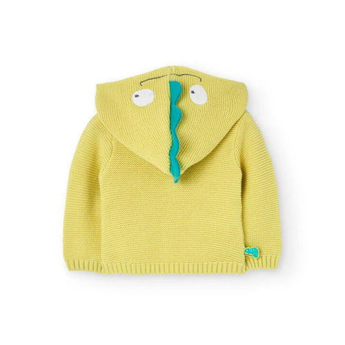 Cardigan tricot con cappuccio dinosauro giallo
