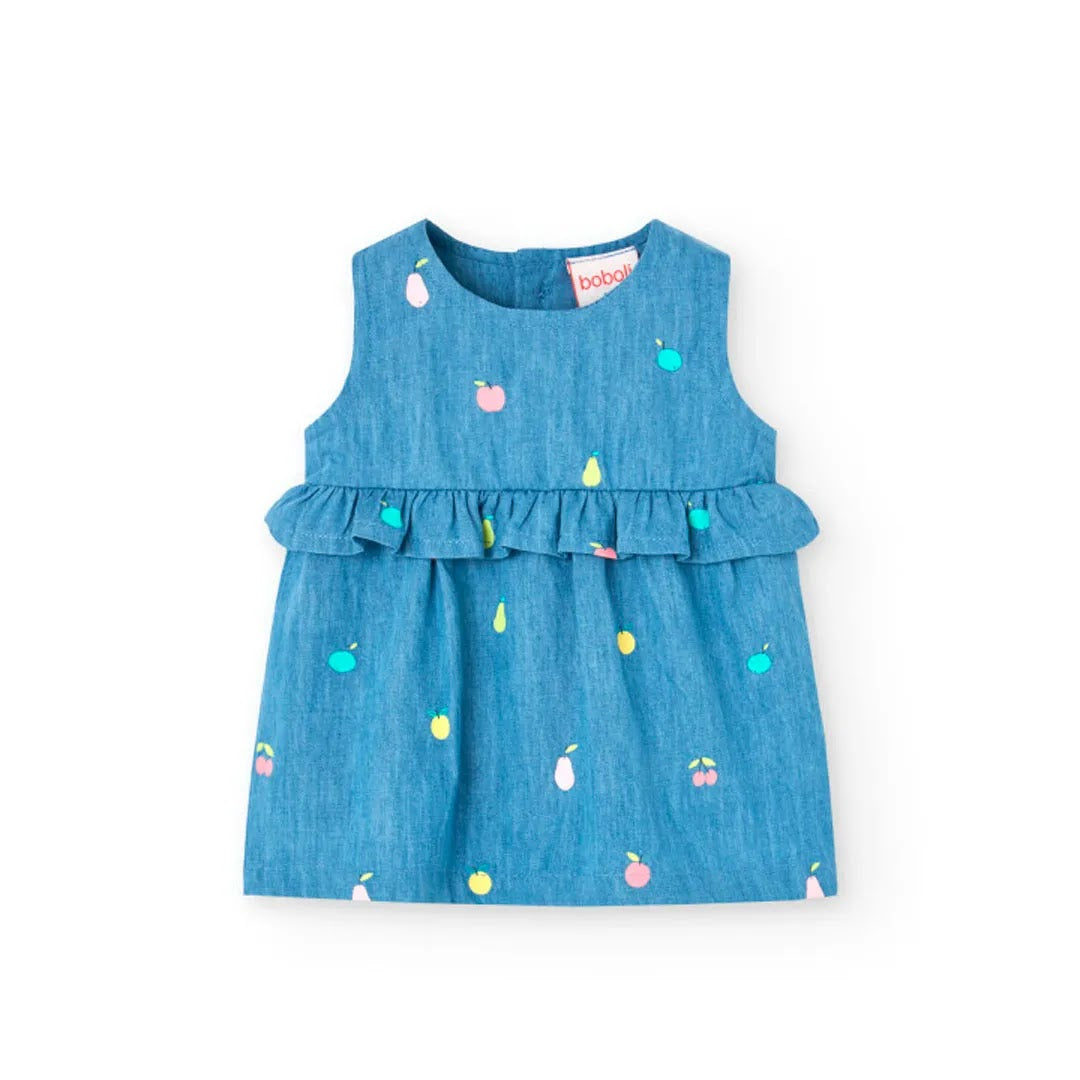 Vestito giromanica denim stampato con copri pannolino denim