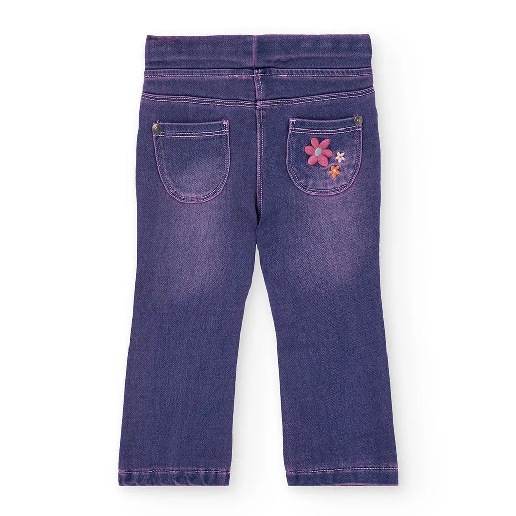 Pantaloni jeans a zampa fiori applicati viola