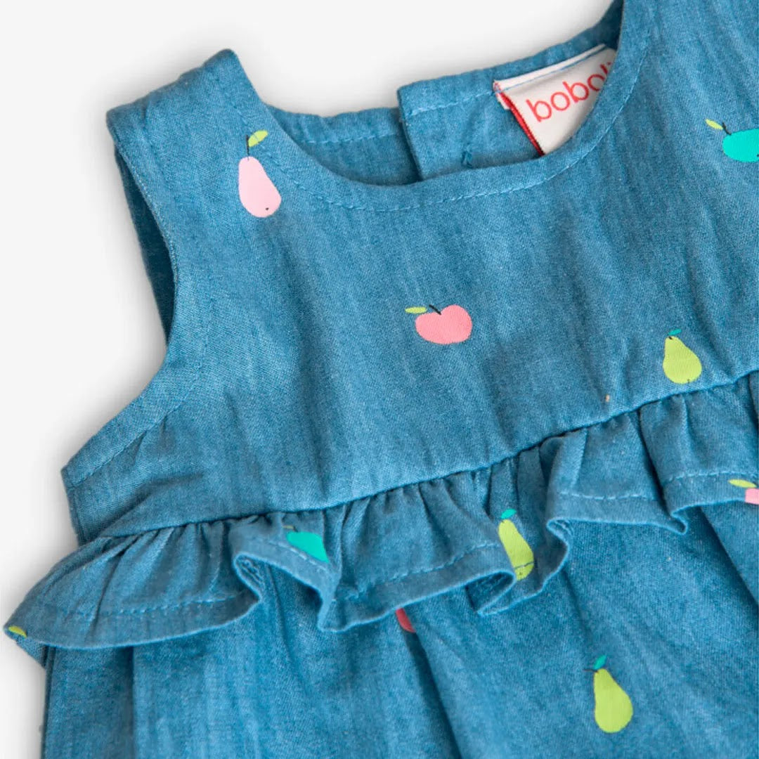 Vestito giromanica denim stampato con copri pannolino denim