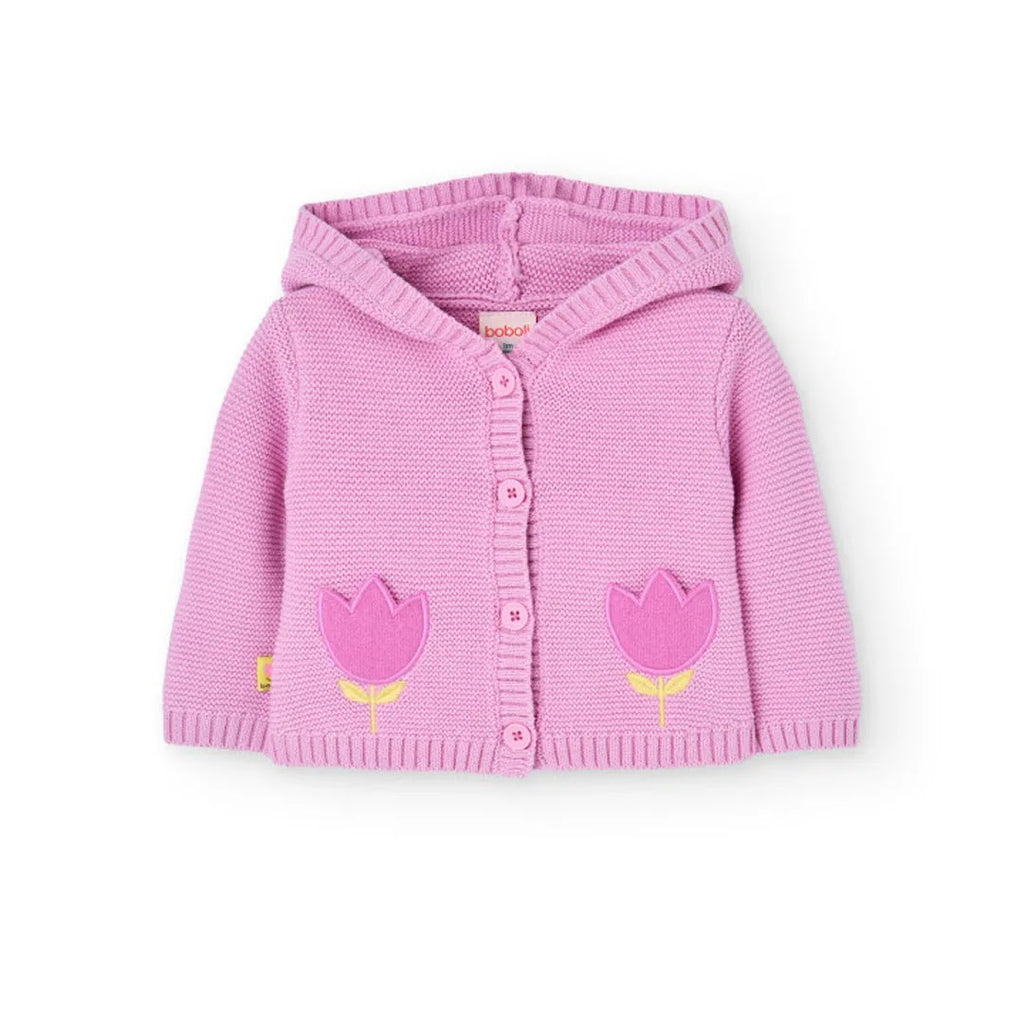 Cardigan tricot con cappuccio e tulipano