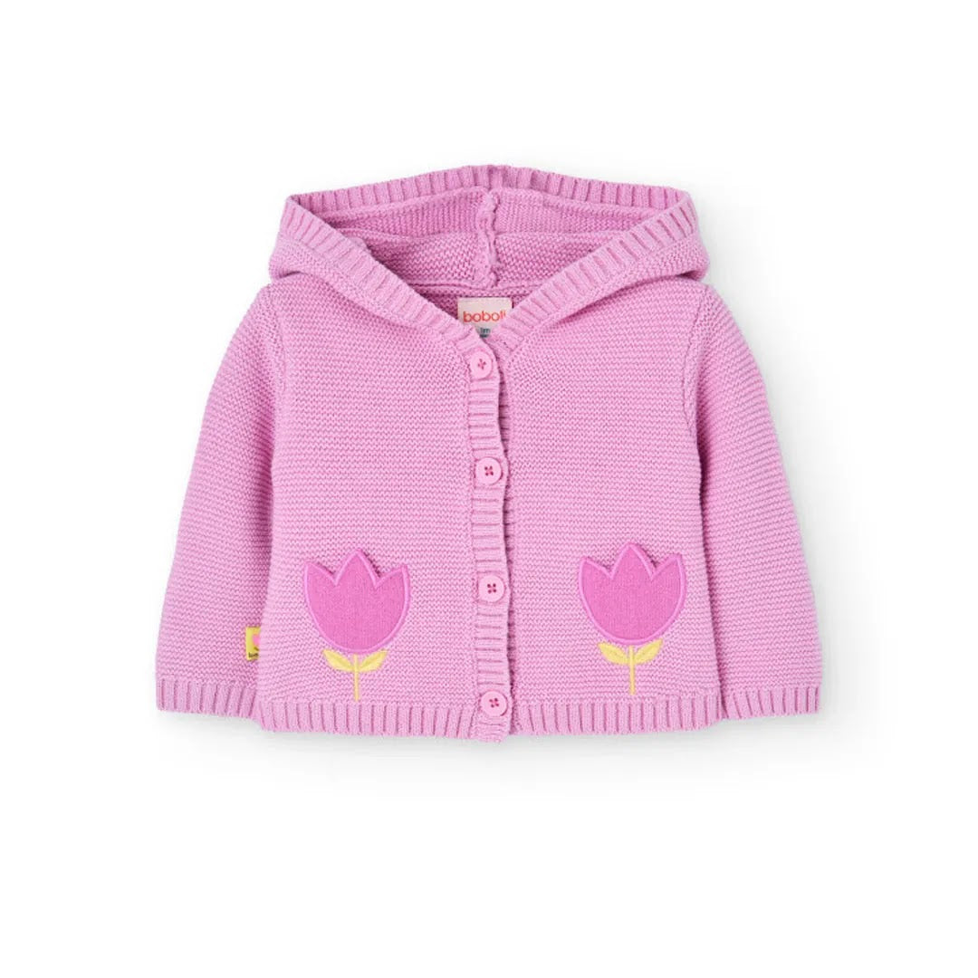 Cardigan tricot con cappuccio e tulipano
