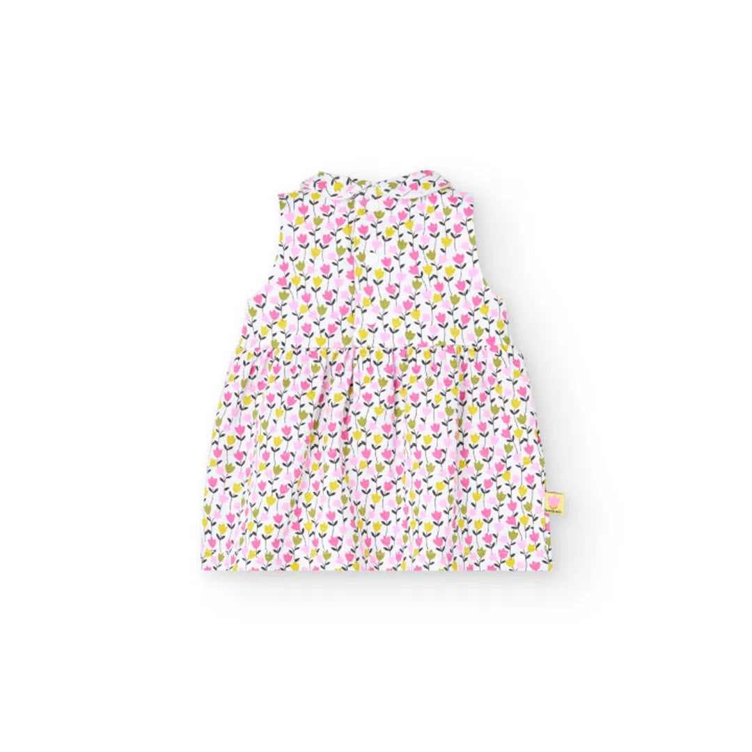 Vestito giromanica con colletto stampa tulipani all over