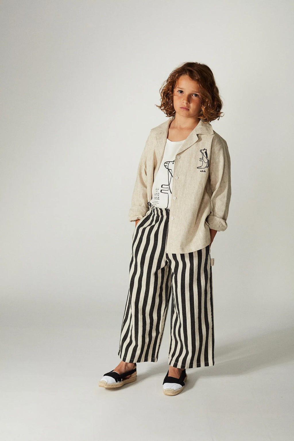 Pantaloni lino dritti a righe nere