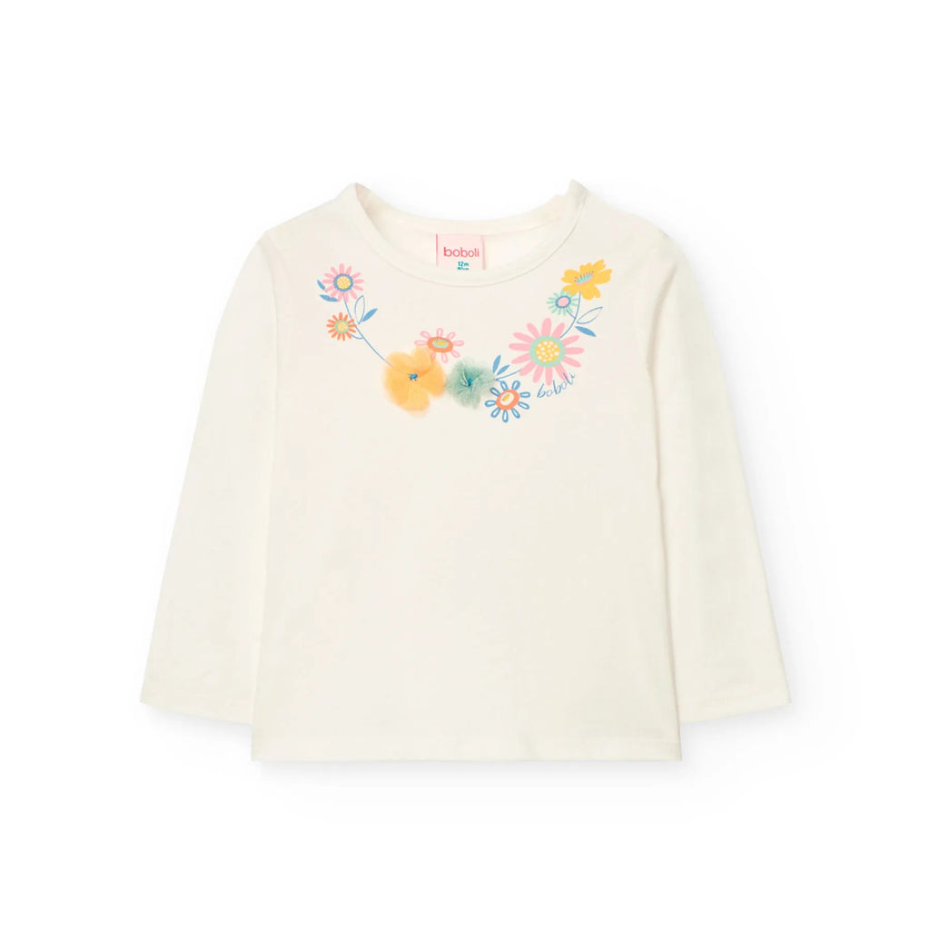 T-shirt manica lunga fiori e tulle bianco