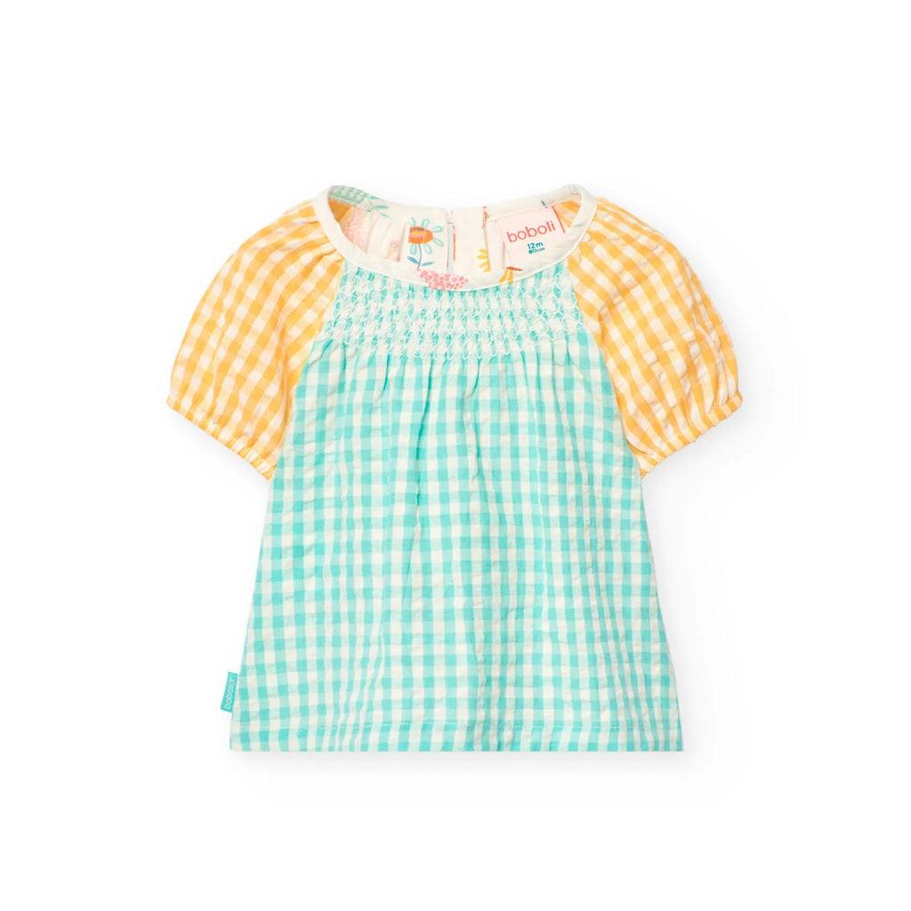 Blusa mezza manica vichy e stampa quadri