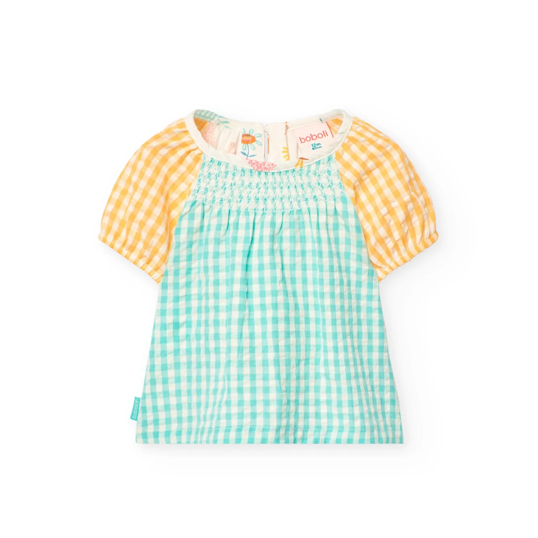 Blusa mezza manica vichy e stampa quadri