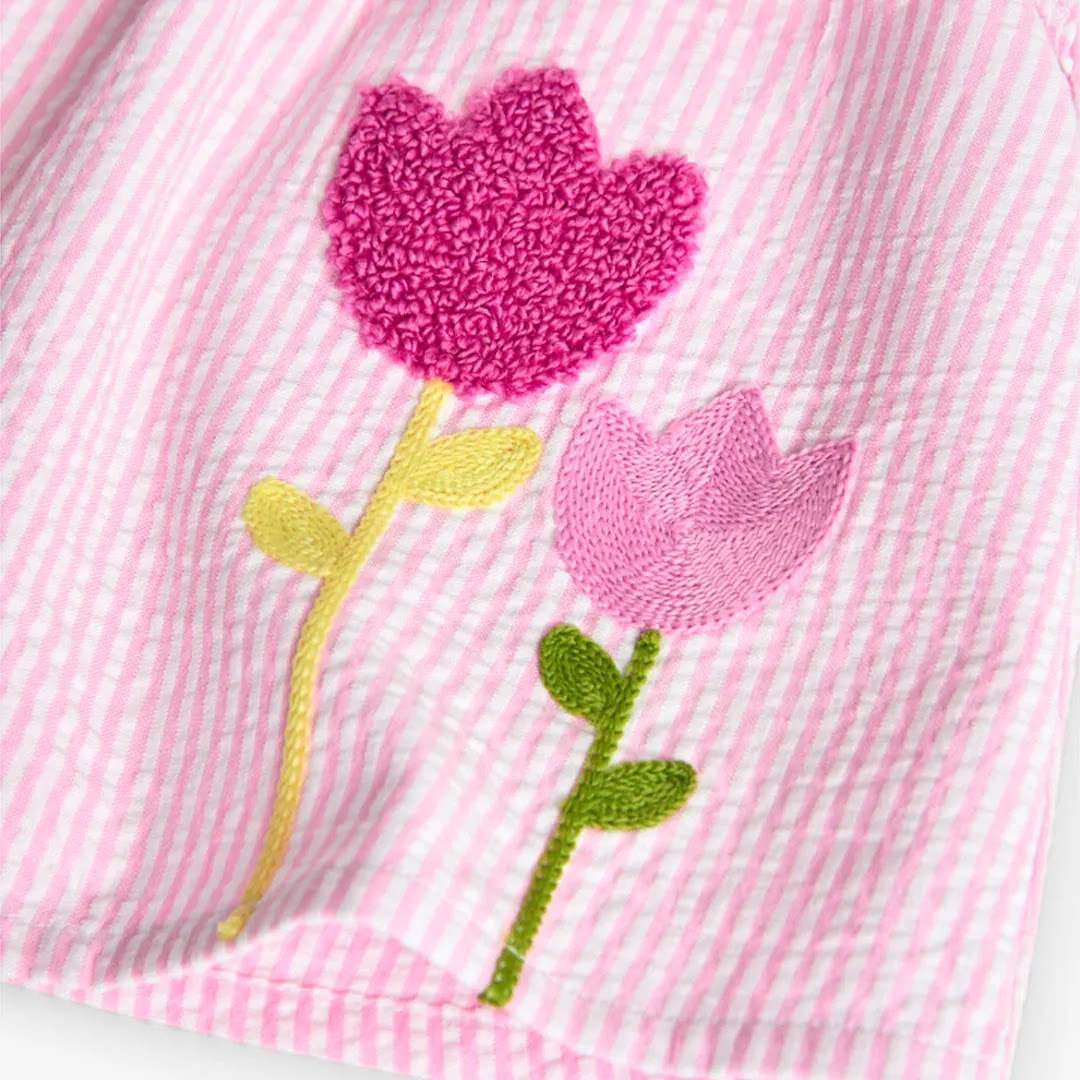 Vestito bianco e rosa a righe con tulipani