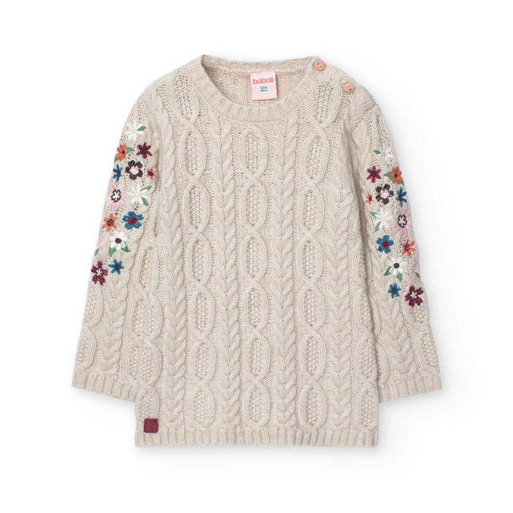 Vestito a maglia trecce ecrù con fiori