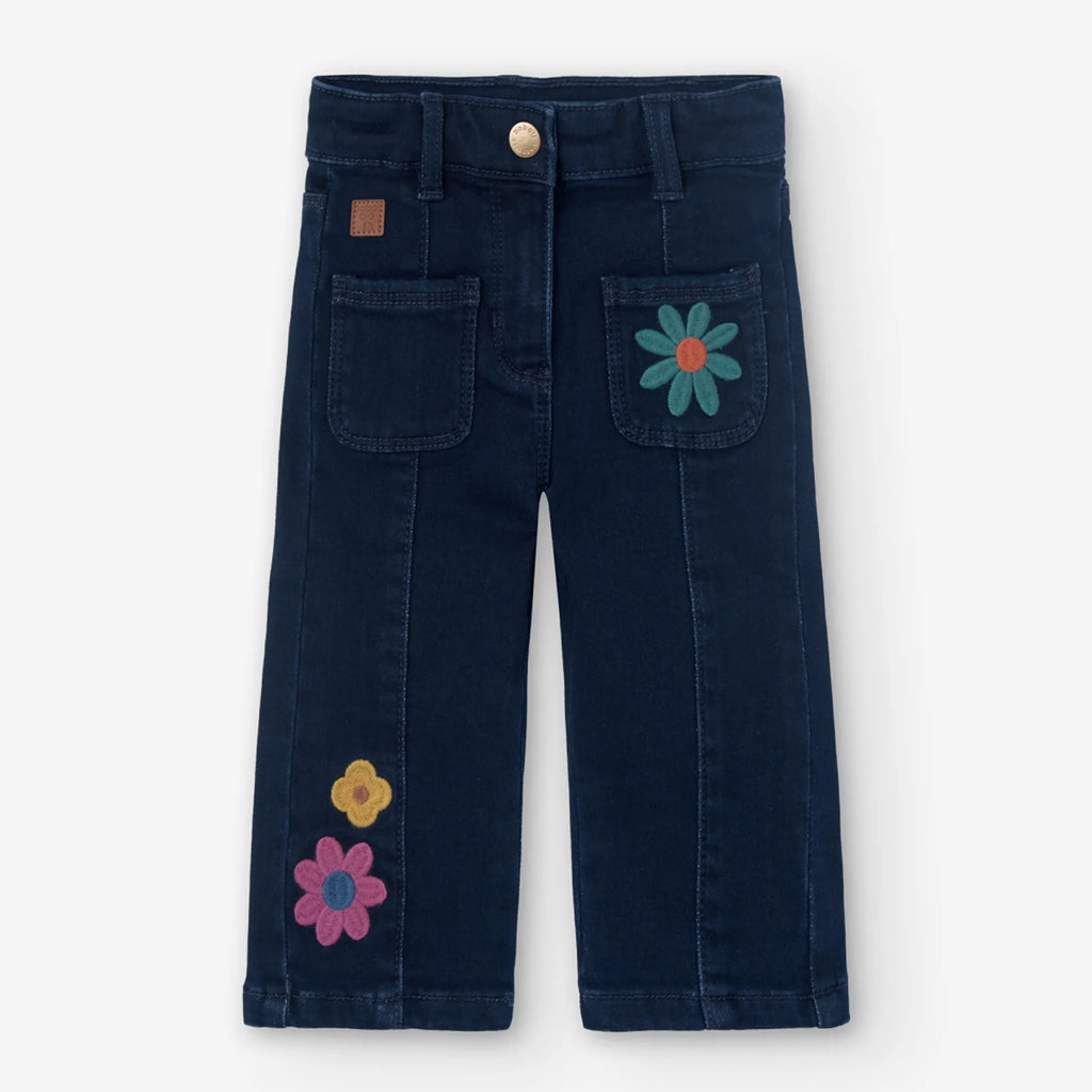 Pantaloni jeans linea dritta fiori applicati