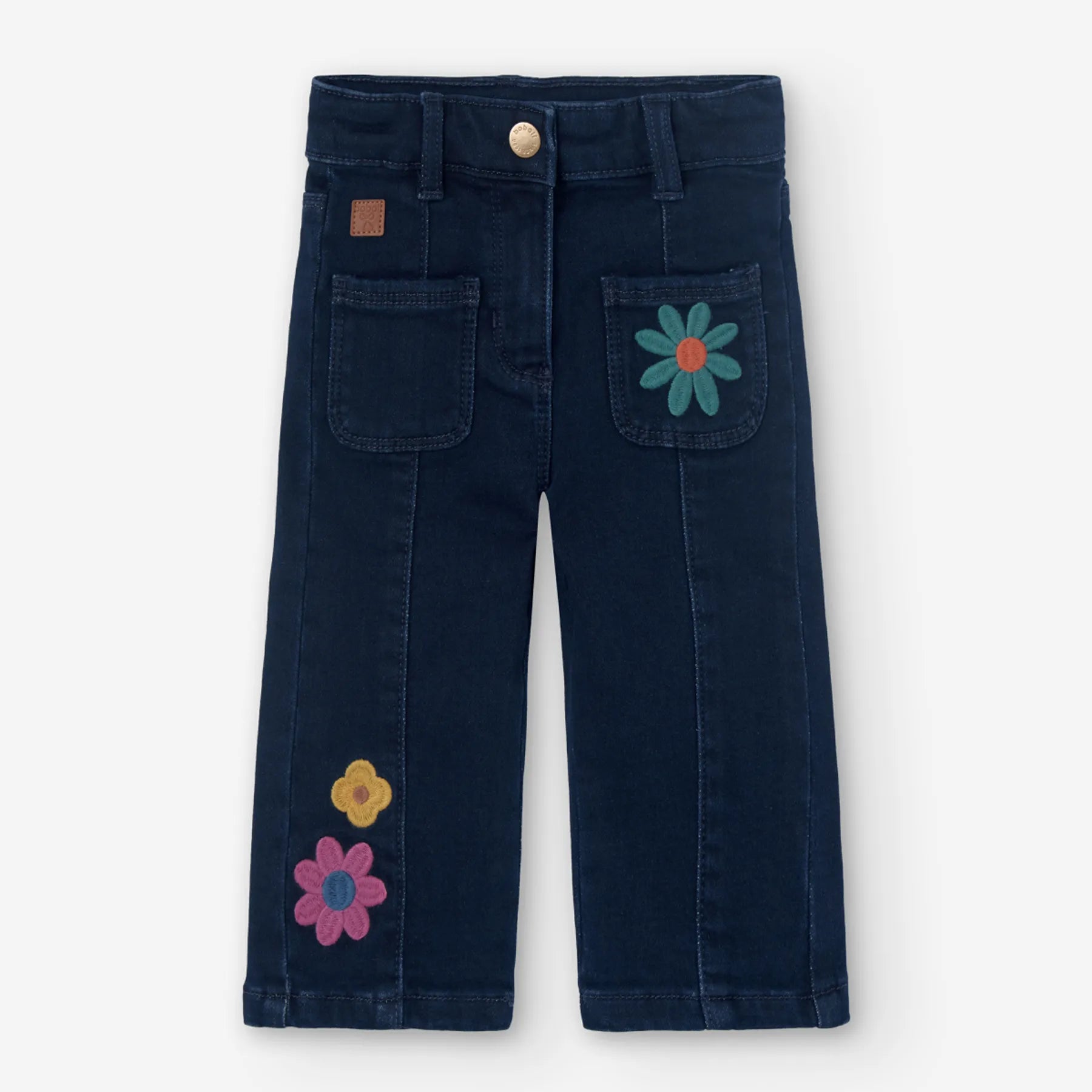 Pantaloni jeans linea dritta fiori applicati