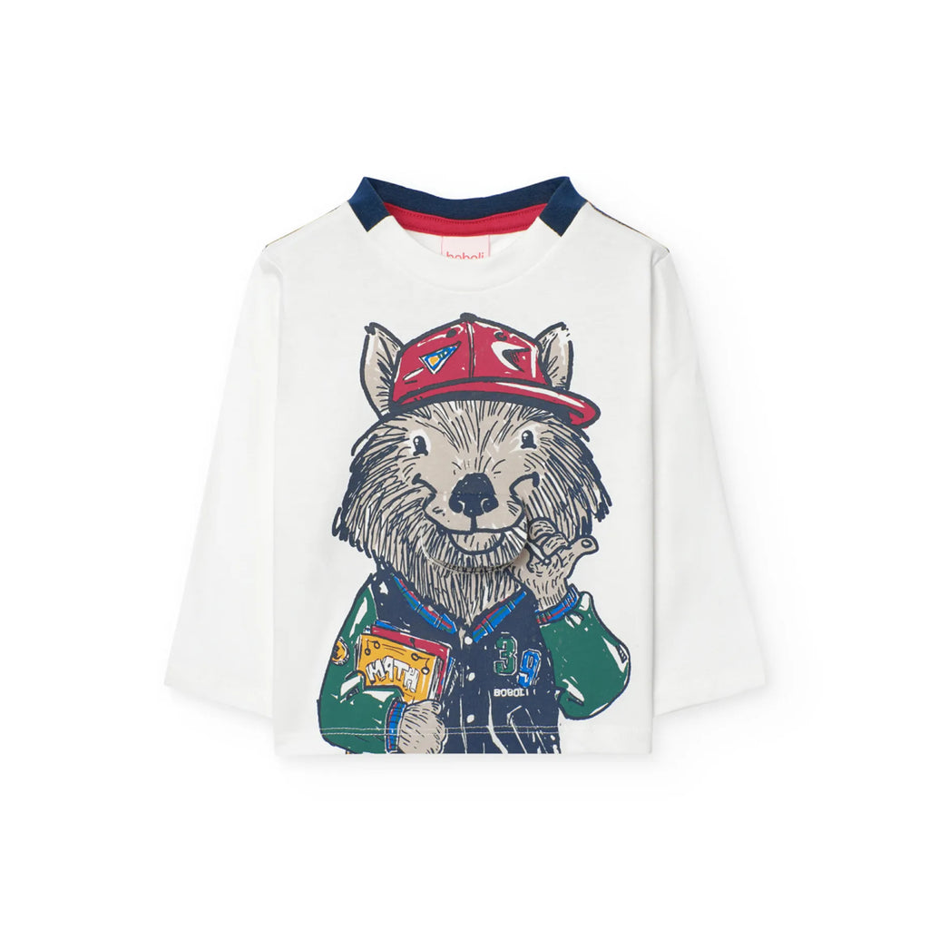T-shirt manica lungo stampa lupo bianca