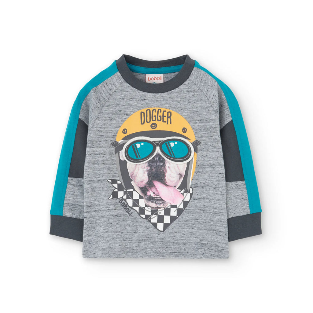 T-shirt manica lunga grigio mélange e stampa cane con casco