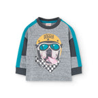 T-shirt manica lunga grigio mélange e stampa cane con casco