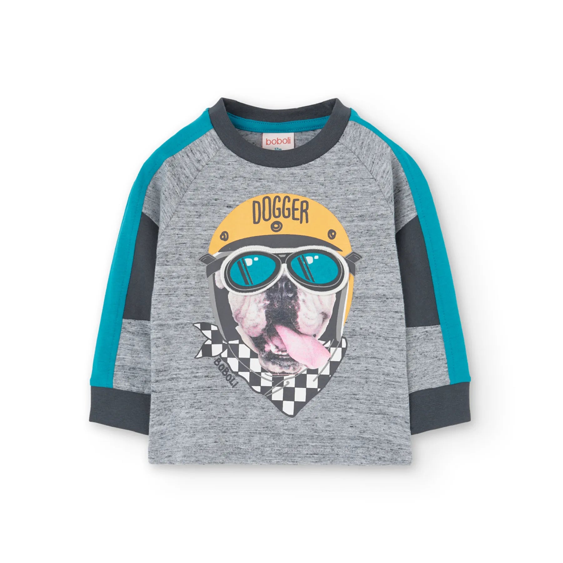 T-shirt manica lunga grigio mélange e stampa cane con casco