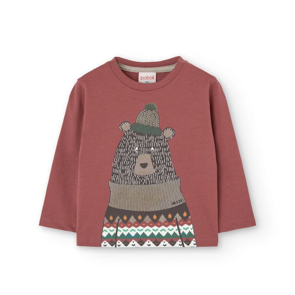 T-shirt manica lunga color mattone stampa orso