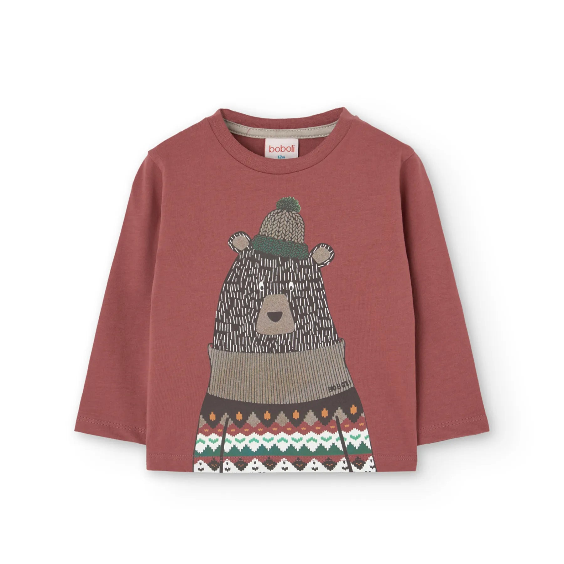 T-shirt manica lunga color mattone stampa orso