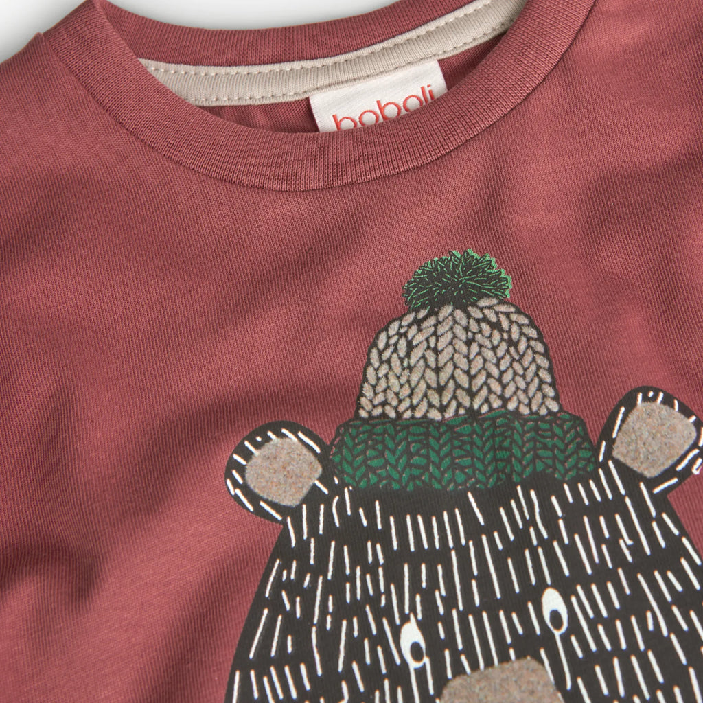 T-shirt manica lunga color mattone stampa orso
