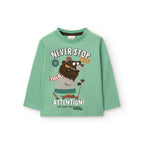 T-shirt manica lunga verde foglia stampa orso monopattino