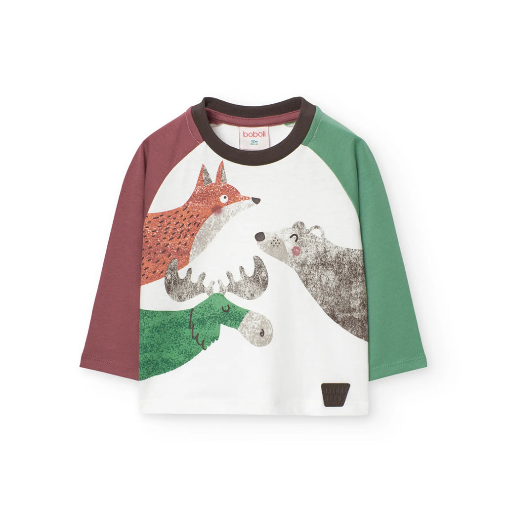 T-shirt manica lunga con disegni di animali maniche a contrasto