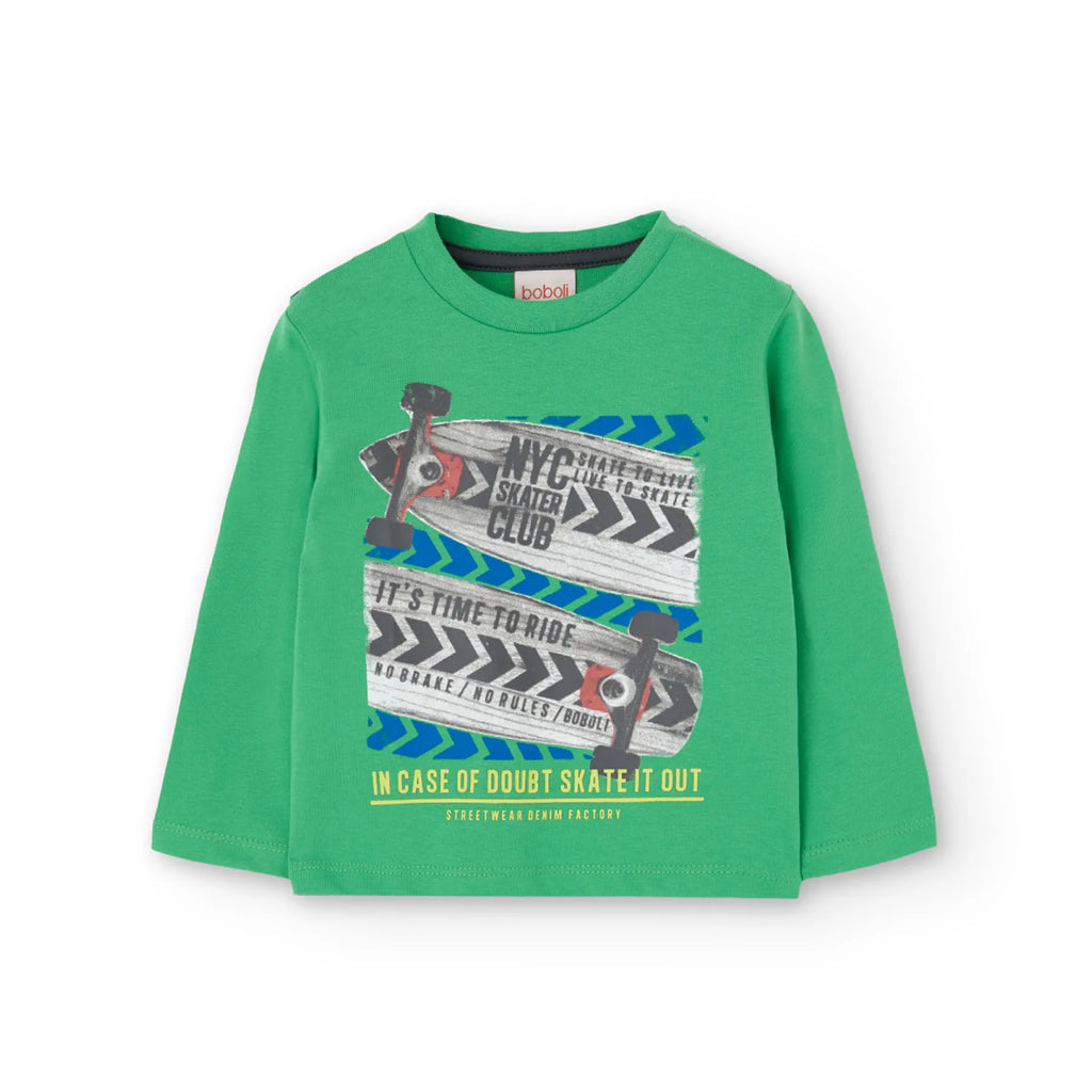 T-shirt manica lunga verde stampa skateboard verde