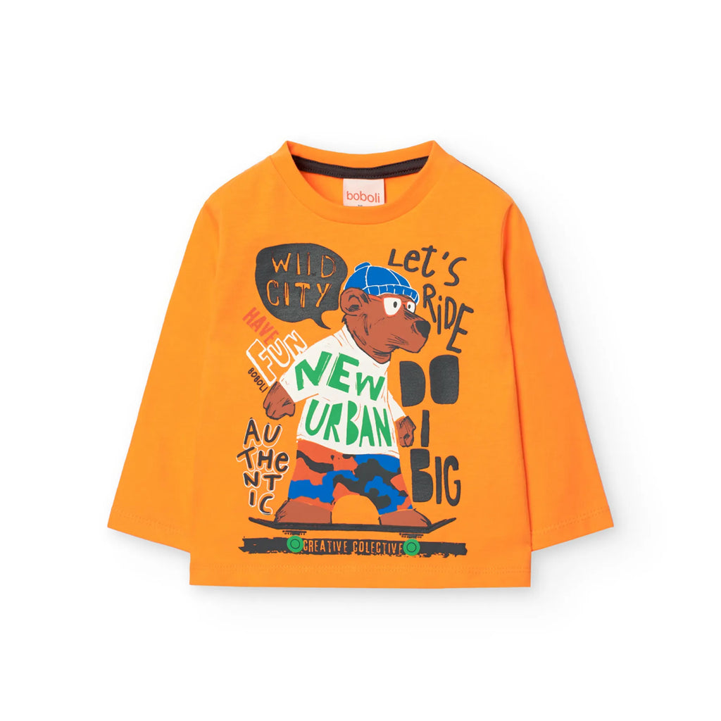 T-shirt manica lunga arancione con stampa orso arancione