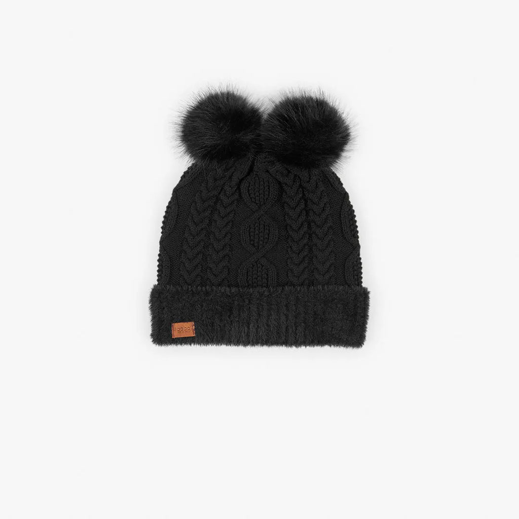 Cappello trecce e pompon nero bambina