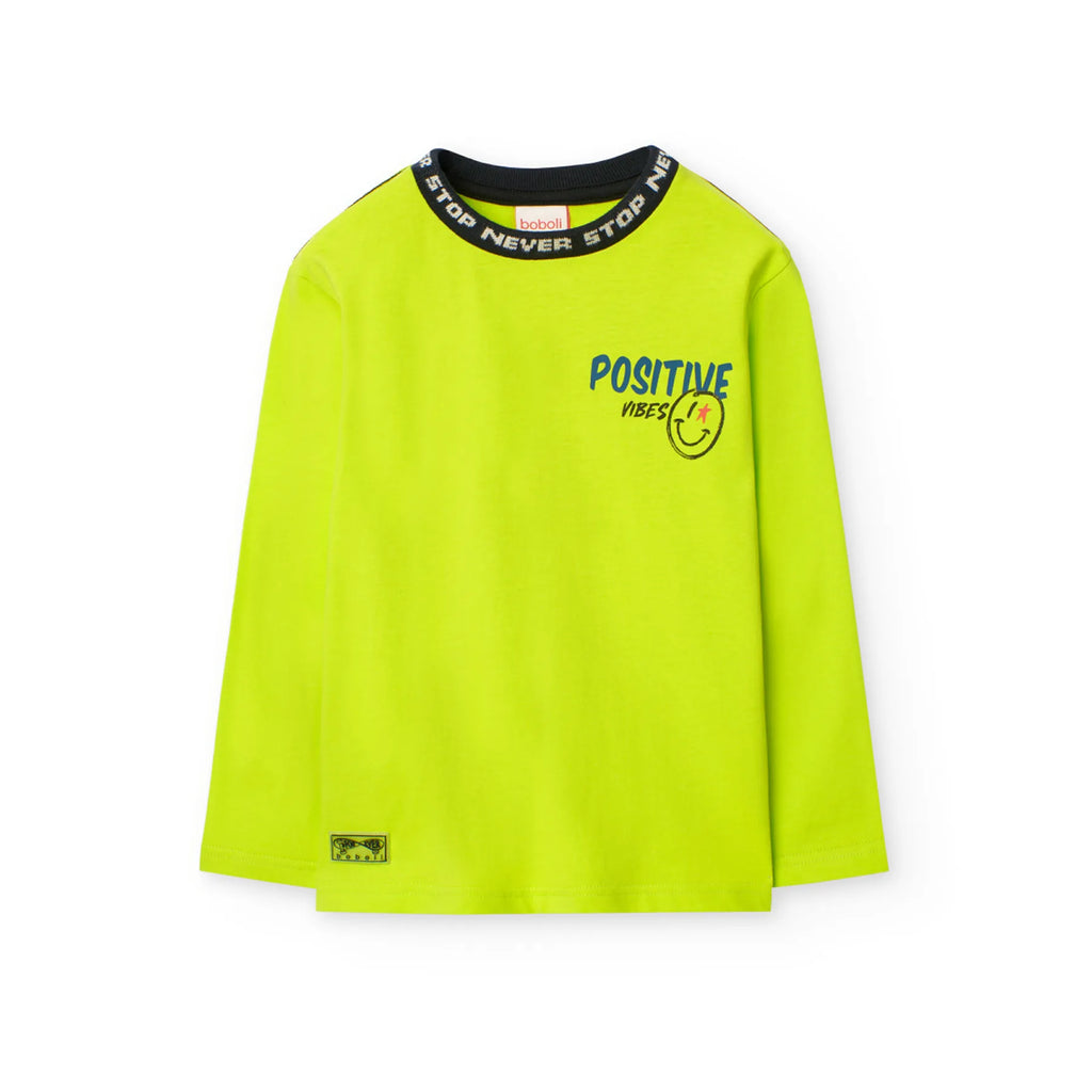 T-shirt manica lunga ragazzo verde fluì colletto nero