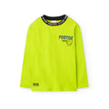 T-shirt manica lunga ragazzo verde fluì colletto nero