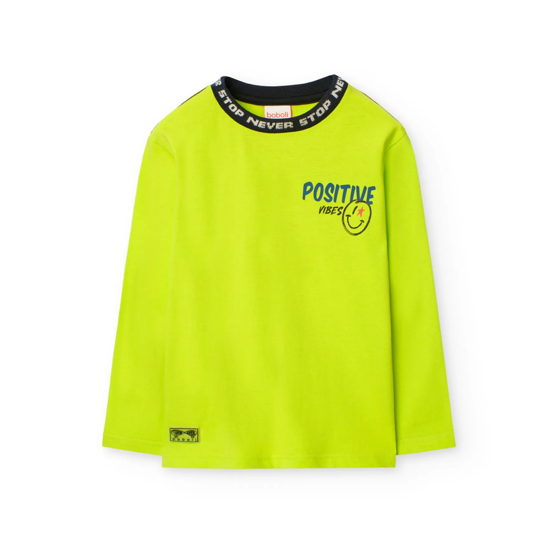 T-shirt manica lunga ragazzo verde fluì colletto nero