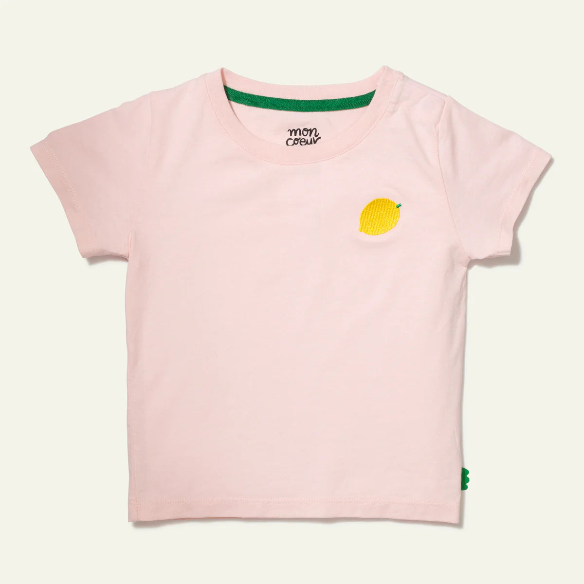 T-shirt mezza manica cotone riciclato rosa con limone ricamato