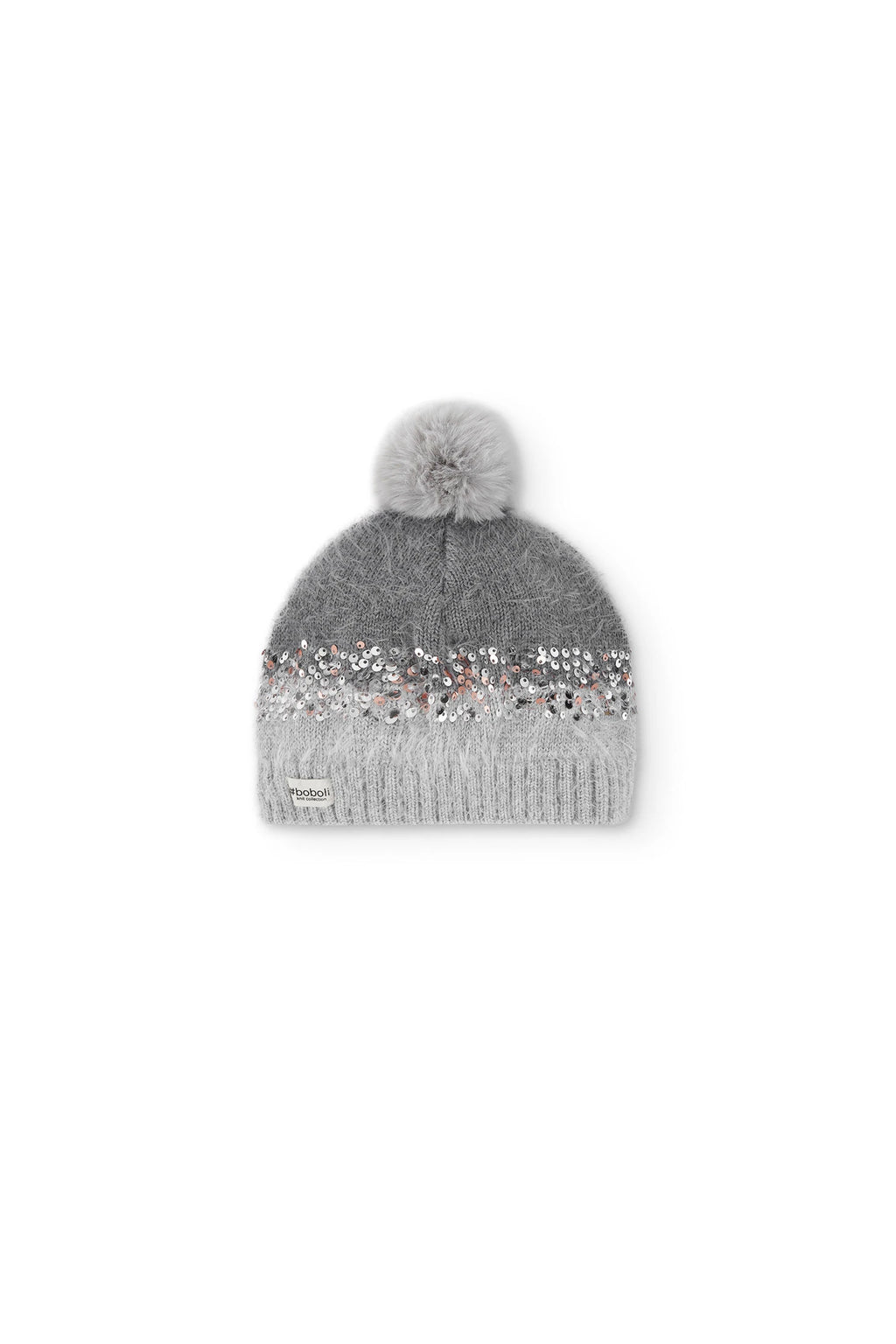 Cappello grigio bambina paillettes e pompon