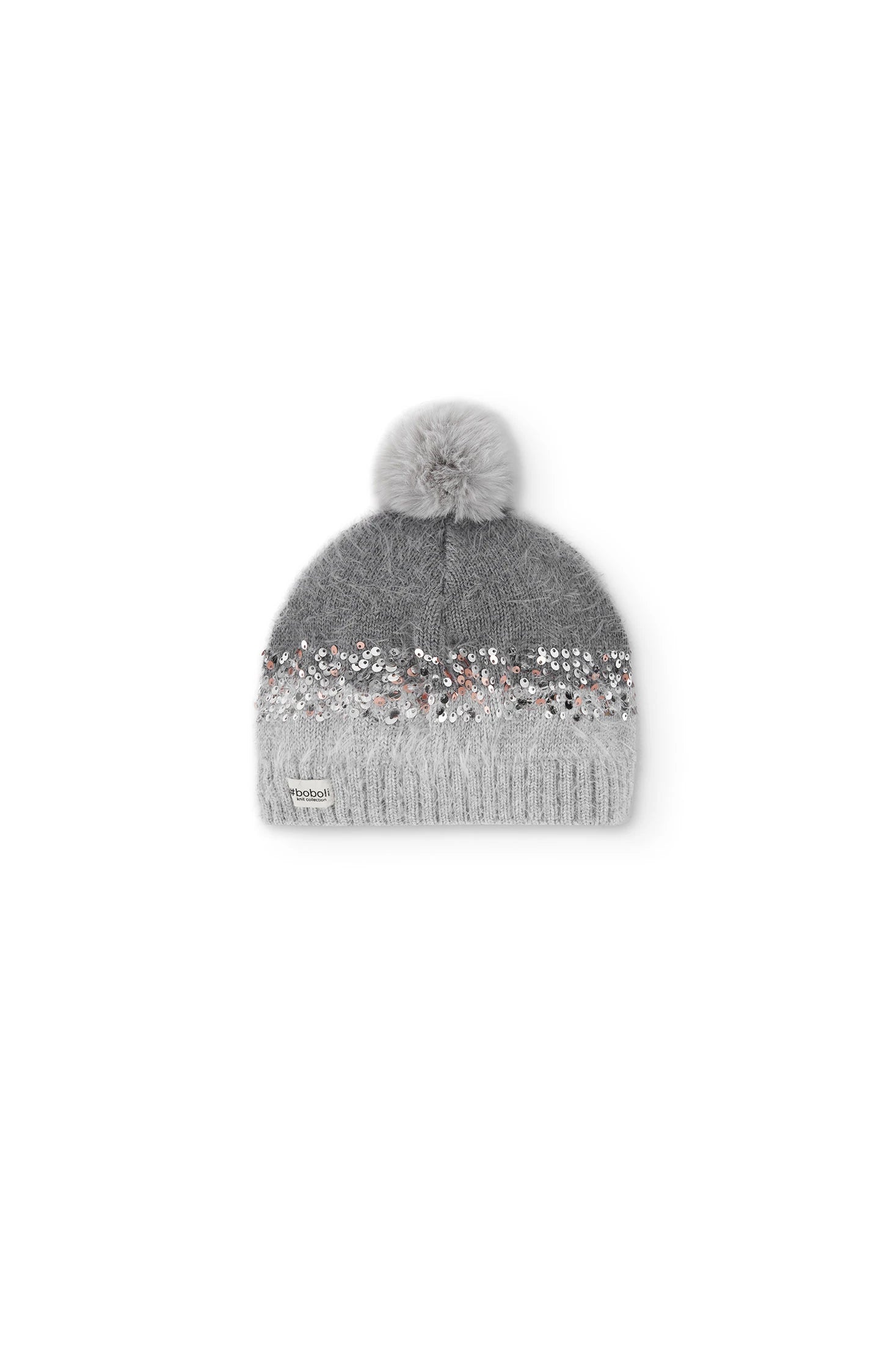 Cappello grigio bambina paillettes e pompon