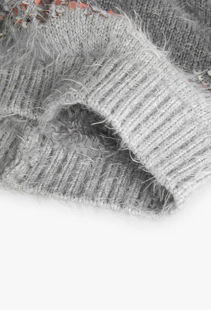 Cappello grigio bambina paillettes e pompon