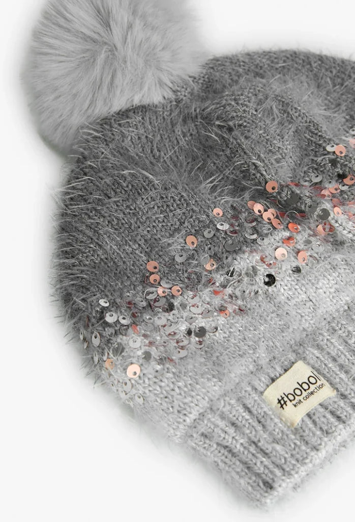 Cappello grigio bambina paillettes e pompon