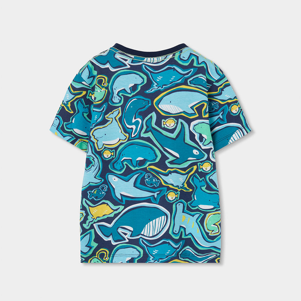 T-shirt mezza manica blu balene e foche