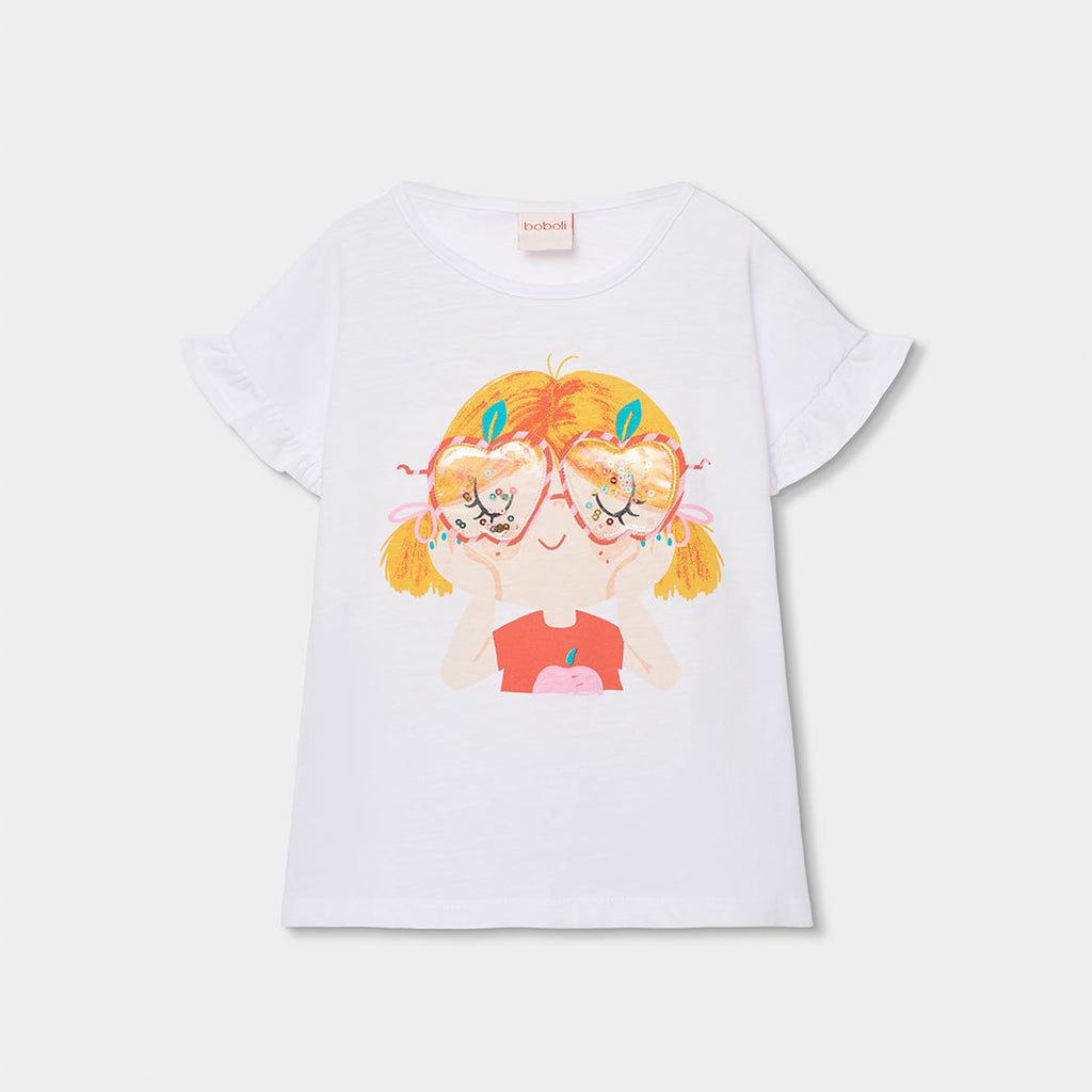 T-shirt manica corta con volano e applicazione
