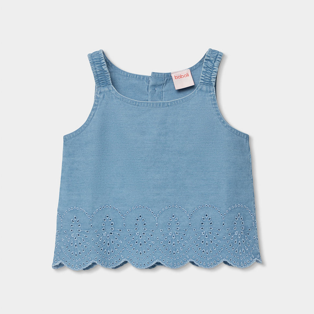 Top jeans con orlo ricamato