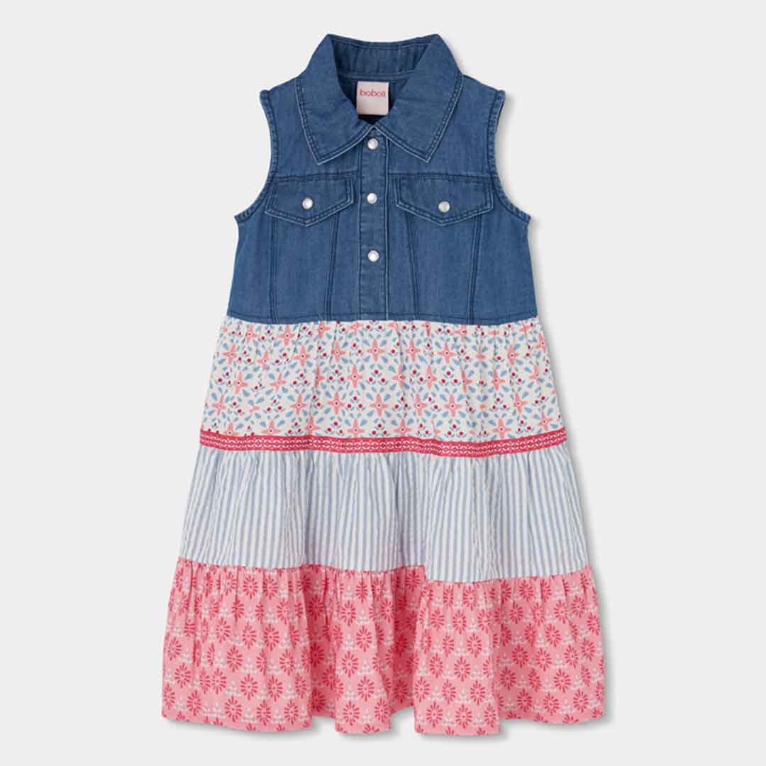 Vestito denim e balze cotone bambina